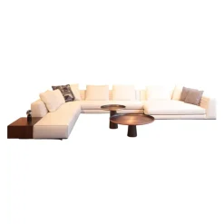 Ecksofa Roger Suite Spring Stoff Natte 01 Bianco Beige Mit Kissen und Ablage aus Palisander