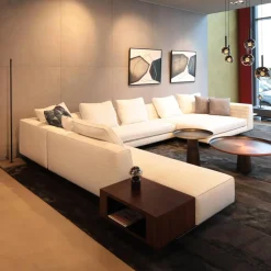 Ecksofa Roger Suite Spring Stoff Natte 01 Bianco Beige Mit Kissen und Ablage aus Palisander