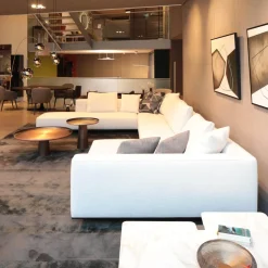 Ecksofa Roger Suite Spring Stoff Natte 01 Bianco Beige Mit Kissen und Ablage aus Palisander