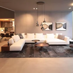 Ecksofa Roger Suite Spring Stoff Natte 01 Bianco Beige Mit Kissen und Ablage aus Palisander