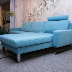 Ecksofa Variant Stoff 14 Wollny HellblauFüße Chrom mit Kopfstütze