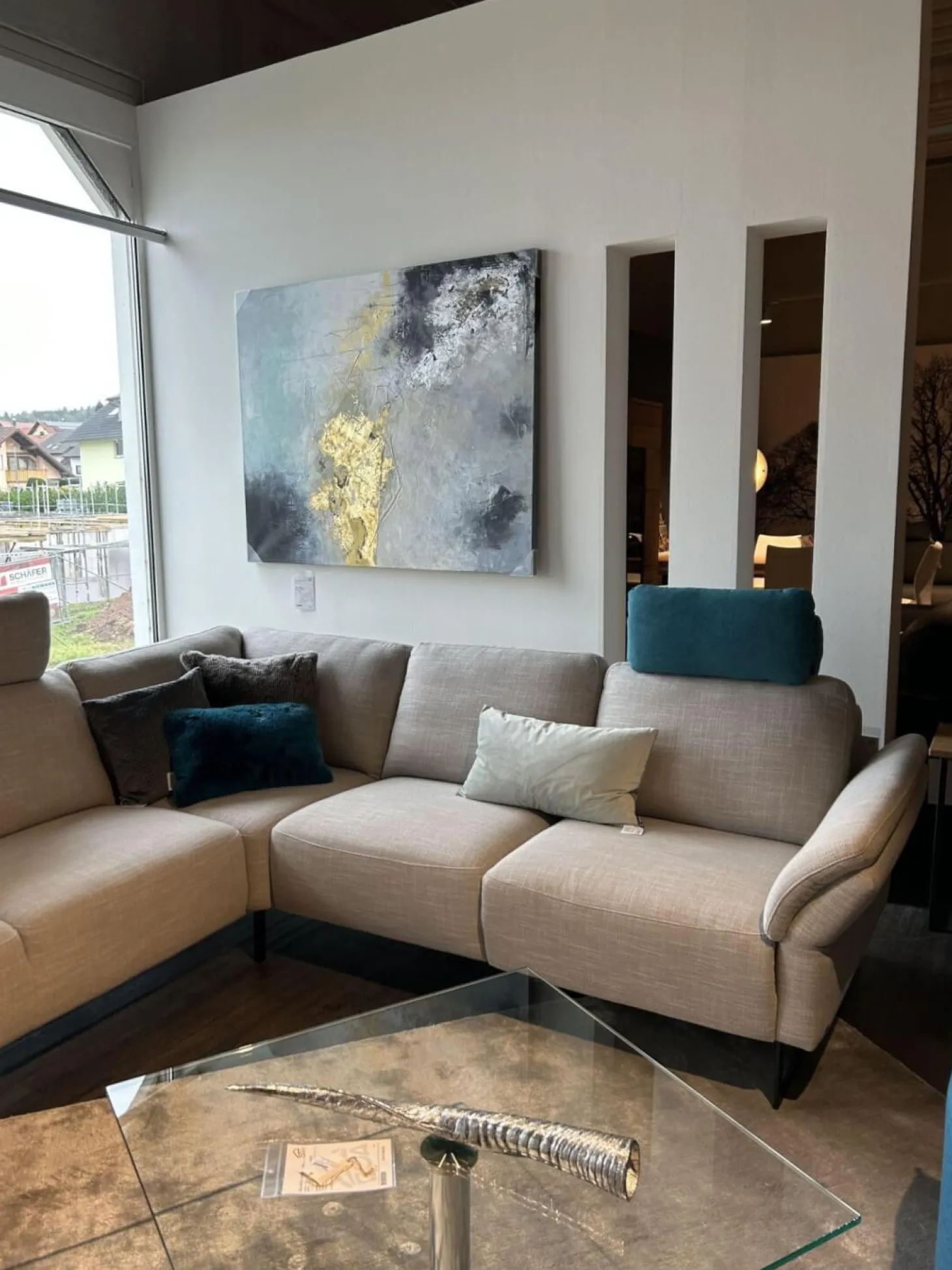 Ecksofa Wohnlandschaft Barcley Stoff City IV 84 Clay Grau Metallfüße Schwarz Mit Klappbarer Armlehne