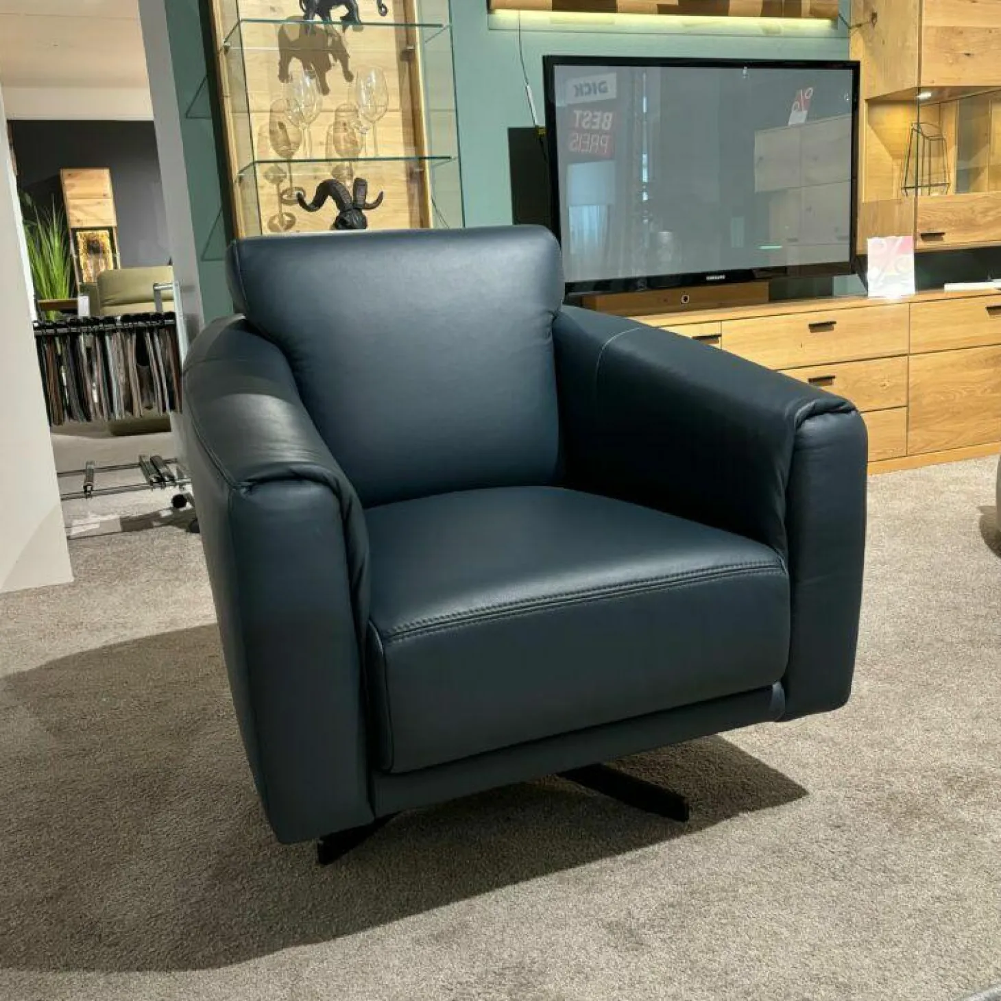 Einzelsessel Schillig MR 2490 Leder Z73/28 Blue Blau Gestell Stahl Nickel Satiniert