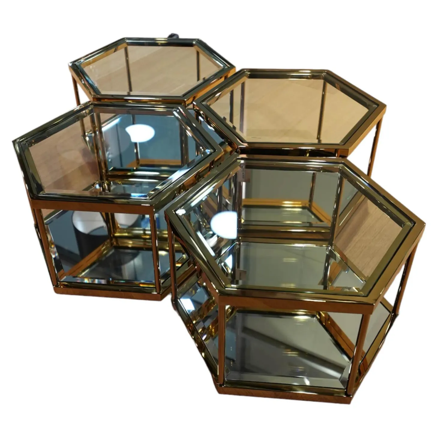 4er Ensemble Couchtisch Sax Platte Klarglas Metallrahmen Mit Gold-Finish