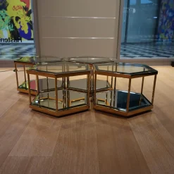 4er Ensemble Couchtisch Sax Platte Klarglas Metallrahmen Mit Gold-Finish