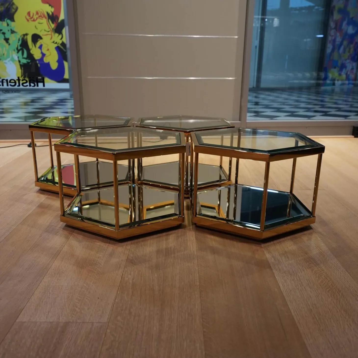 4er Ensemble Couchtisch Sax Platte Klarglas Metallrahmen Mit Gold-Finish