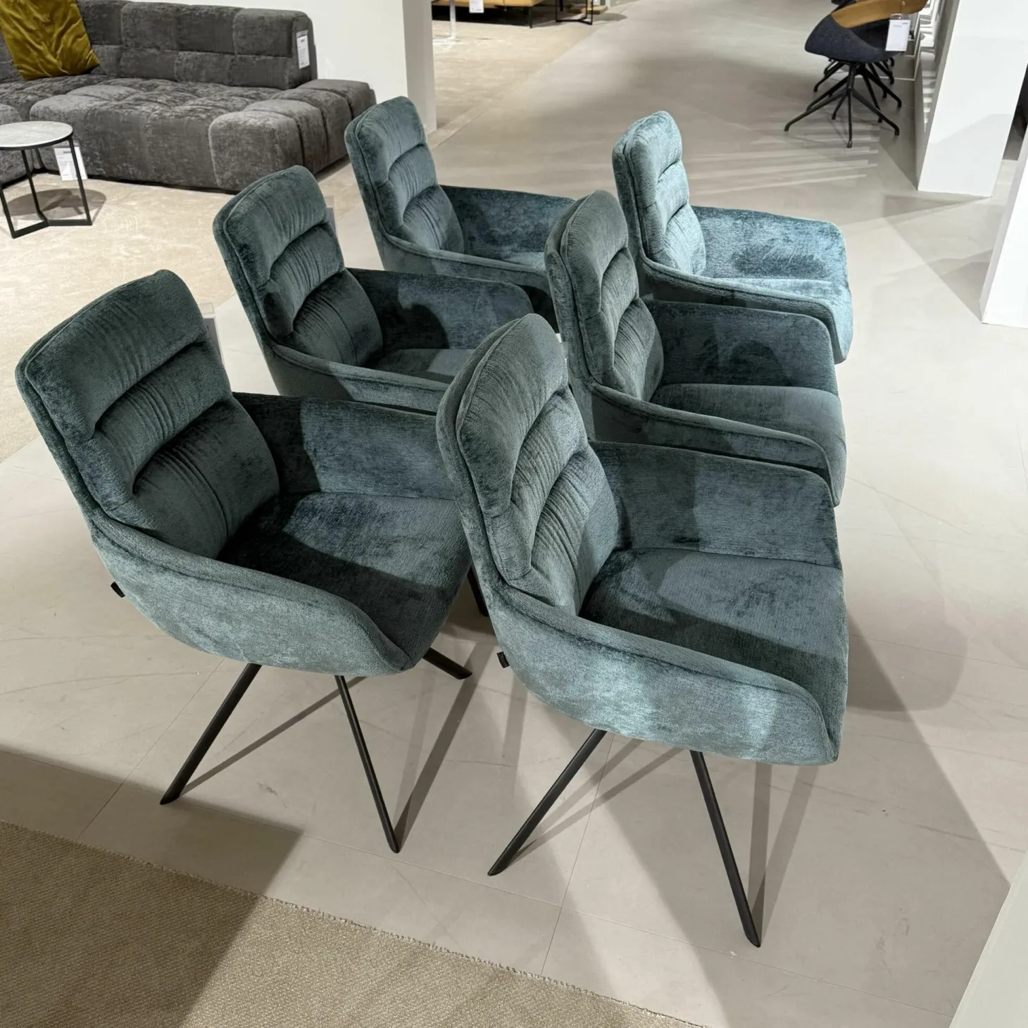 6er Set Armlehnenstuhl Felia Stoff A Petrol Blau Drehgestell Metall Anthrazit Matt