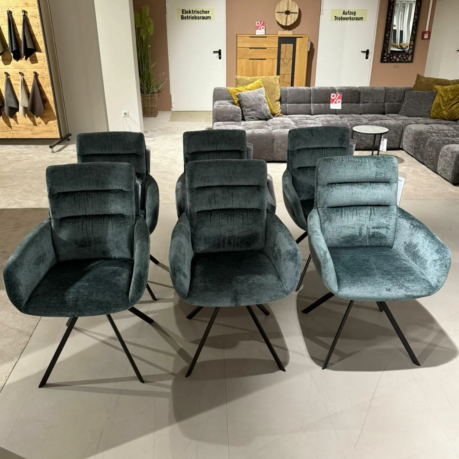 6er Set Armlehnenstuhl Felia Stoff A Petrol Blau Drehgestell Metall Anthrazit Matt