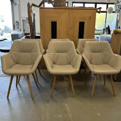 6er Set Armlehnsessel Pinnar Leder 2 07 Steingrau Grau Holzgestell Knorrige Eiche Natur Geölt