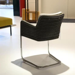 6-er Set Armlehnstuhl D43 Polstersitz Geflechtschale Taupe Grau Gestell Stahlrohr Verchromt Tube Aplati