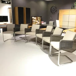 6-er Set Armlehnstuhl D43 Polstersitz Geflechtschale Taupe Grau Gestell Stahlrohr Verchromt Tube Aplati