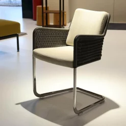 6-er Set Armlehnstuhl D43 Polstersitz Geflechtschale Taupe Grau Gestell Stahlrohr Verchromt Tube Aplati