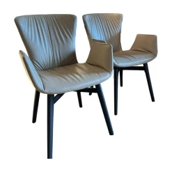 2er Set Armlehnstuhl Dexter 2056 I Leder 3 Select 12 Schlamm Braun Beige Grau Gestell Mooreiche