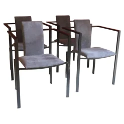 4er Set Armlehnstuhl Trik Bezug Alcantara Leder Grau Gestell Metall Schwarz