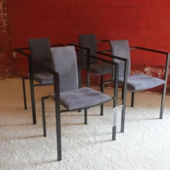 4er Set Armlehnstuhl Trik Bezug Alcantara Leder Grau Gestell Metall Schwarz