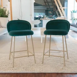 2er Set Barhocker Ona Stoff Spritz Pavone Türkis Blau Gestell Messing ME021