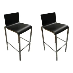 2er Set Barhocker Vent Sitzschale Furnierschichtholz Esche Schwarz Lackiert Gestell Chromstahl Glänzend