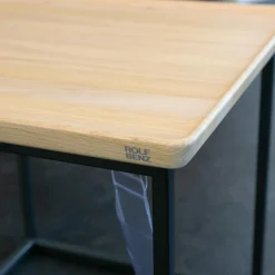 2-er Set Couchtisch Tischplatte Massiv Eiche Farblos Lackiert Gestell Stahl Lack Matt Verkehrsschwarz RAL 9017 ohne Kissen