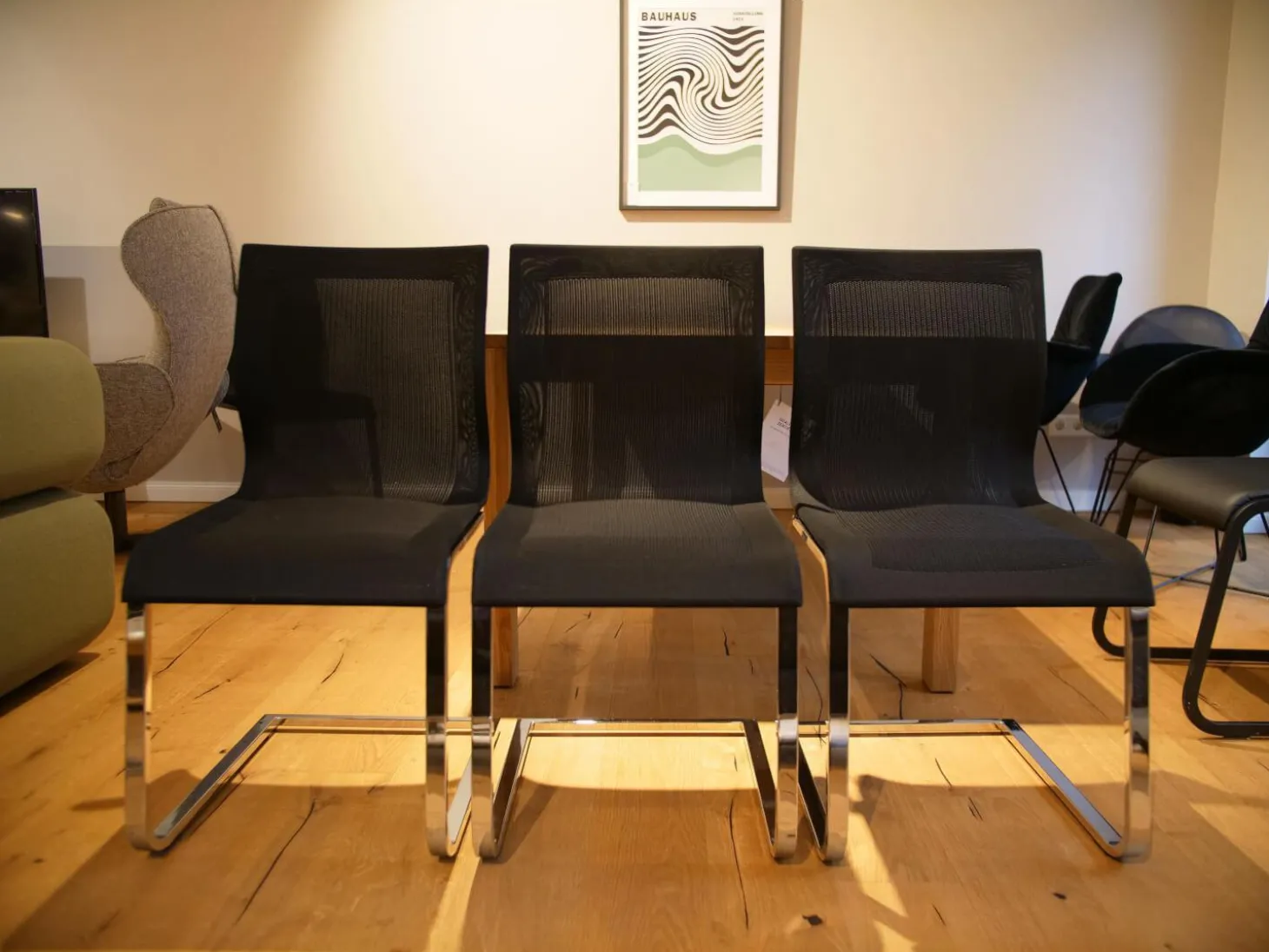 3er Set Freischwinger Magnum Stricktex Schwarz Gestell Chrom Glänzend Ohne Armlehne