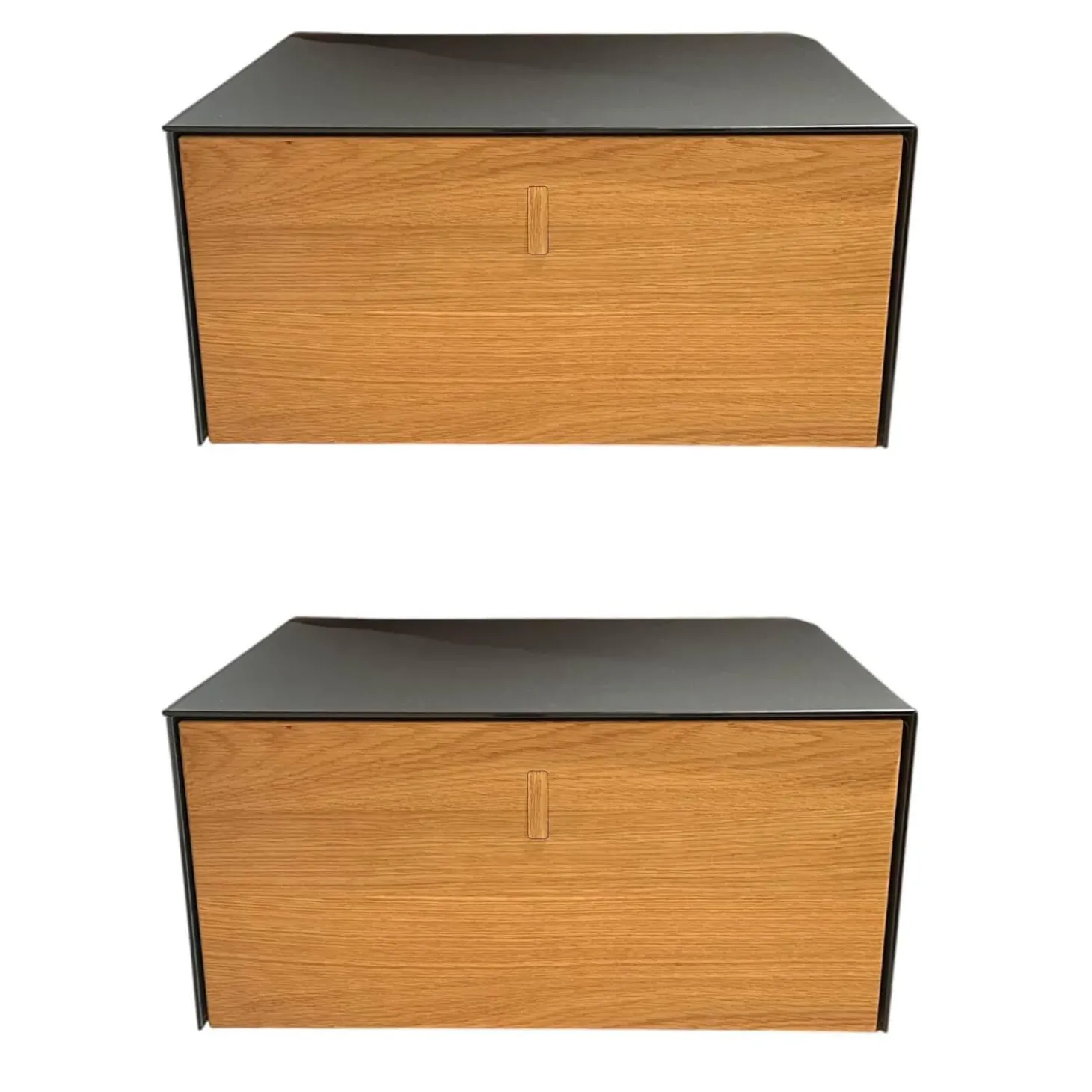 2er Set Nachtkästchen Front Eiche Geölt Farbglas Stahl Grau Matt Mit Klappgriff Holz