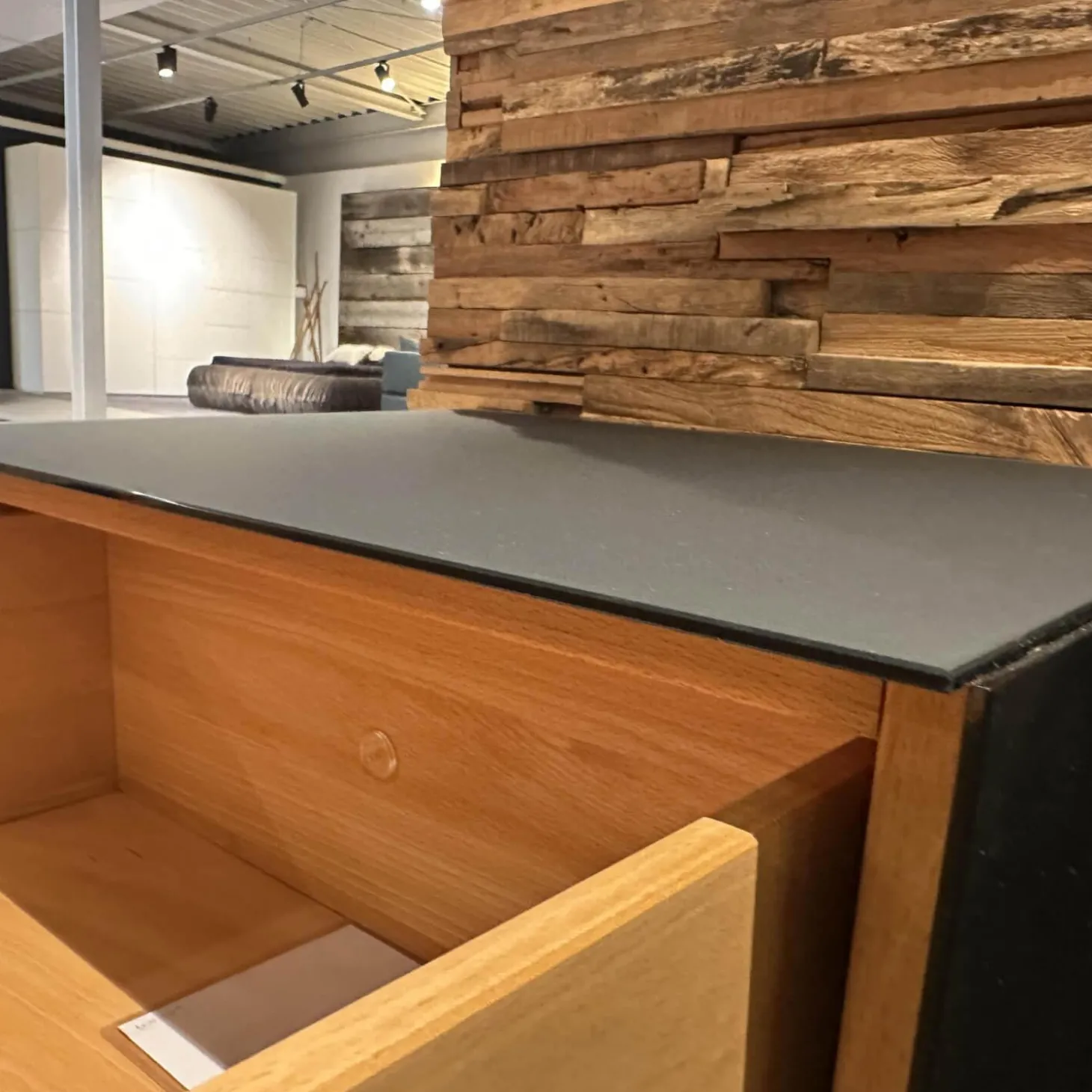 2er Set Nachtkästchen Front Eiche Geölt Farbglas Stahl Grau Matt Mit Klappgriff Holz