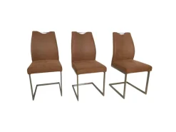 3er Set Schwingstuhl 6135 Lederoptik Braun Meliert Gestell Hochkantrohr Edelstahl Gebürstet