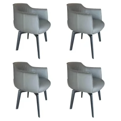 4er Set Stuhl Archibald Leder Nest Grau Gestell Massivholz Esche Farbig Gebeizt Schwarz Drehbar