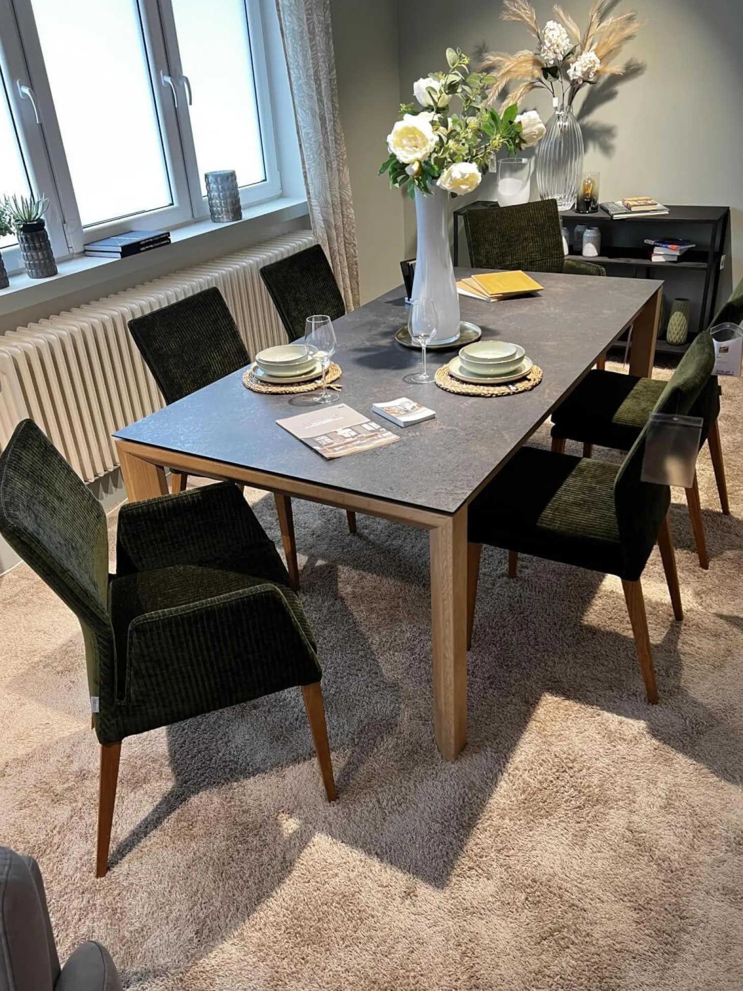 6er Set Stuhl Carry Stoff Chaves Forest Grün Gestell Eiche 32 Geölt