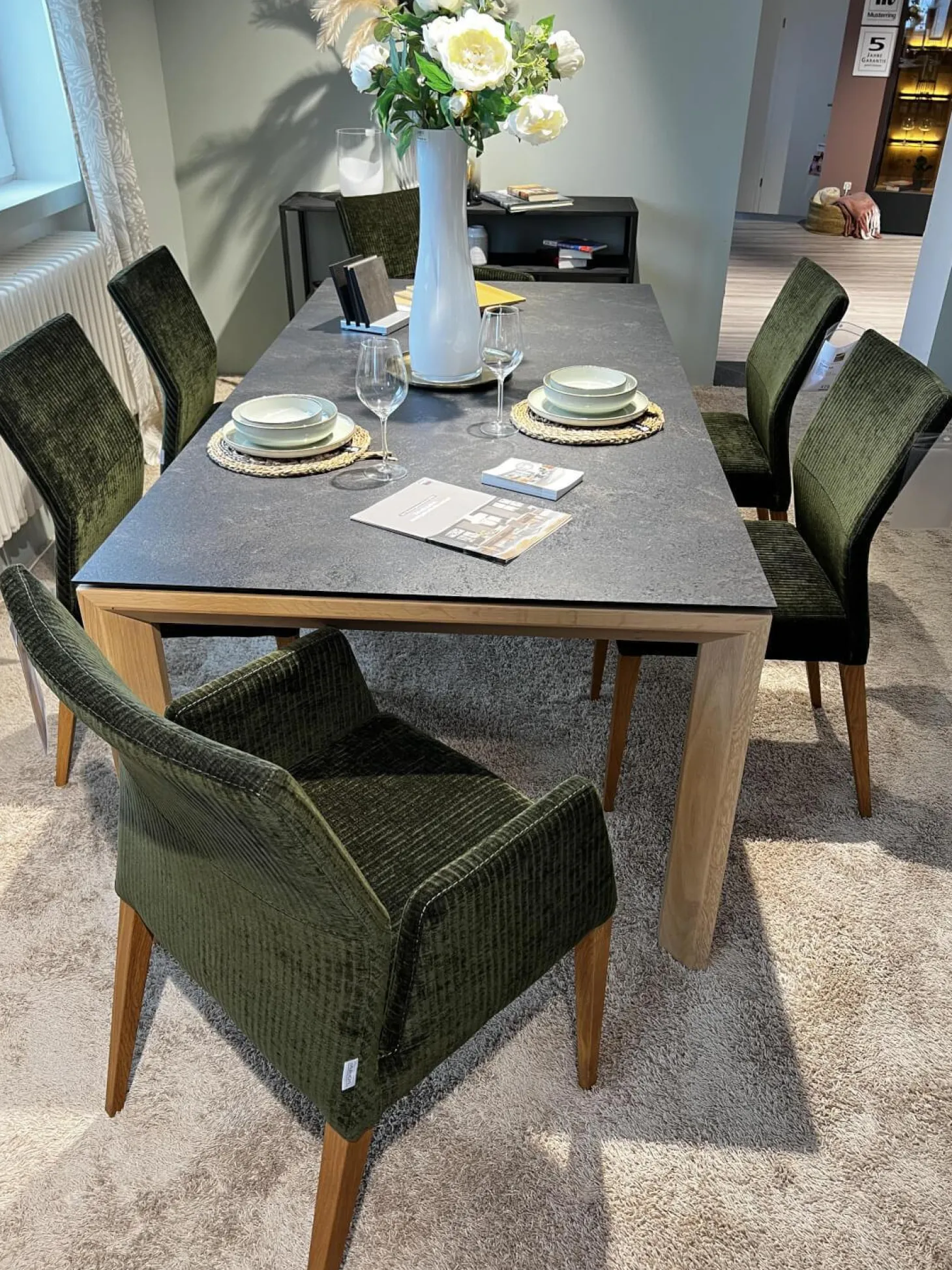 6er Set Stuhl Carry Stoff Chaves Forest Grün Gestell Eiche 32 Geölt