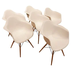 6er Set Stuhl Eames Plastic Armchair DAW Polypropylen Weiß Holzuntergestell Ahorn Gelblich Mit Verstrebungen