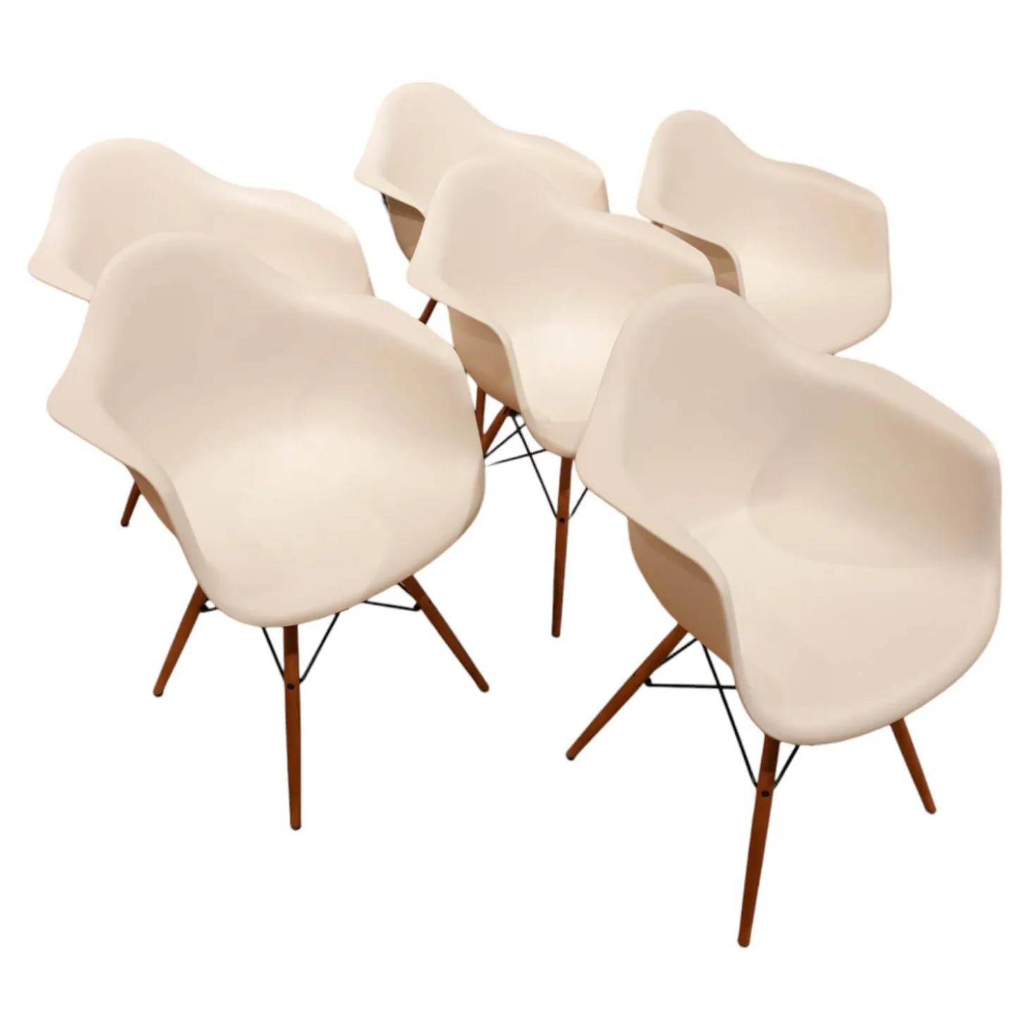 6er Set Stuhl Eames Plastic Armchair DAW Polypropylen Weiß Holzuntergestell Ahorn Gelblich Mit Verstrebungen