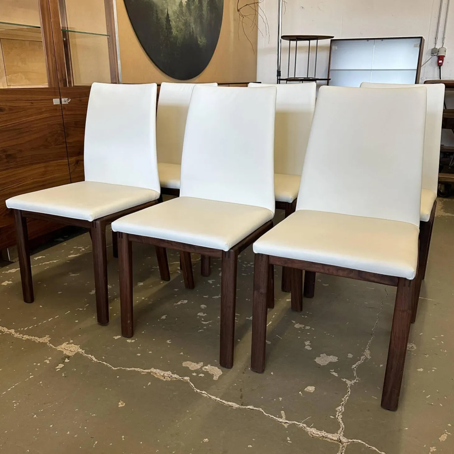 6er Set Stuhl Fugo Leder 2 48 Weiß Gestell Nussbaum Natur Geölt