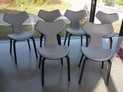 6-er Set Stuhl Grand Prix Stoff Grau Gestell Esche Schwarz