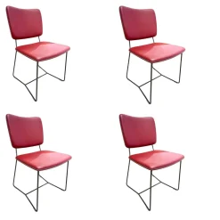 4er Set Stuhl Gubio Echtleder Azalee Rot Schlittengestell Umbragrau Grau Ziernaht Kreuzstich Naturell Weiß