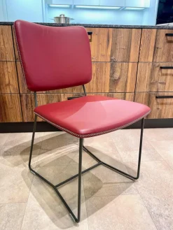 4er Set Stuhl Gubio Echtleder Azalee Rot Schlittengestell Umbragrau Grau Ziernaht Kreuzstich Naturell Weiß