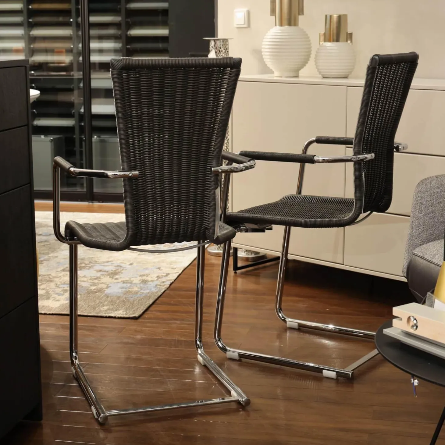 2er Set Stuhl Jimmy 0081 Geflecht Grau Gestell Metall Hochglanz Verchromt