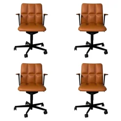 4er Set Stuhl Leadchair Management Leder Napoli Cognac Braun Gestell Schwarz Matt Pulverbeschichtet Füße Rollen Schwarz
