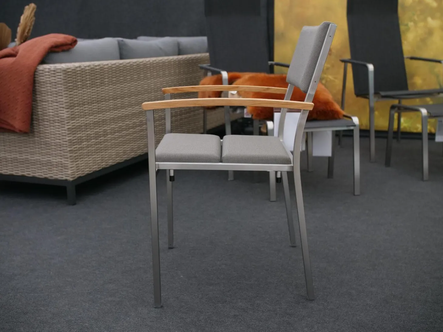 8er Set Stuhl Quadux Stoff Sunbrella Smoke 7001 Gestell Edelstahl