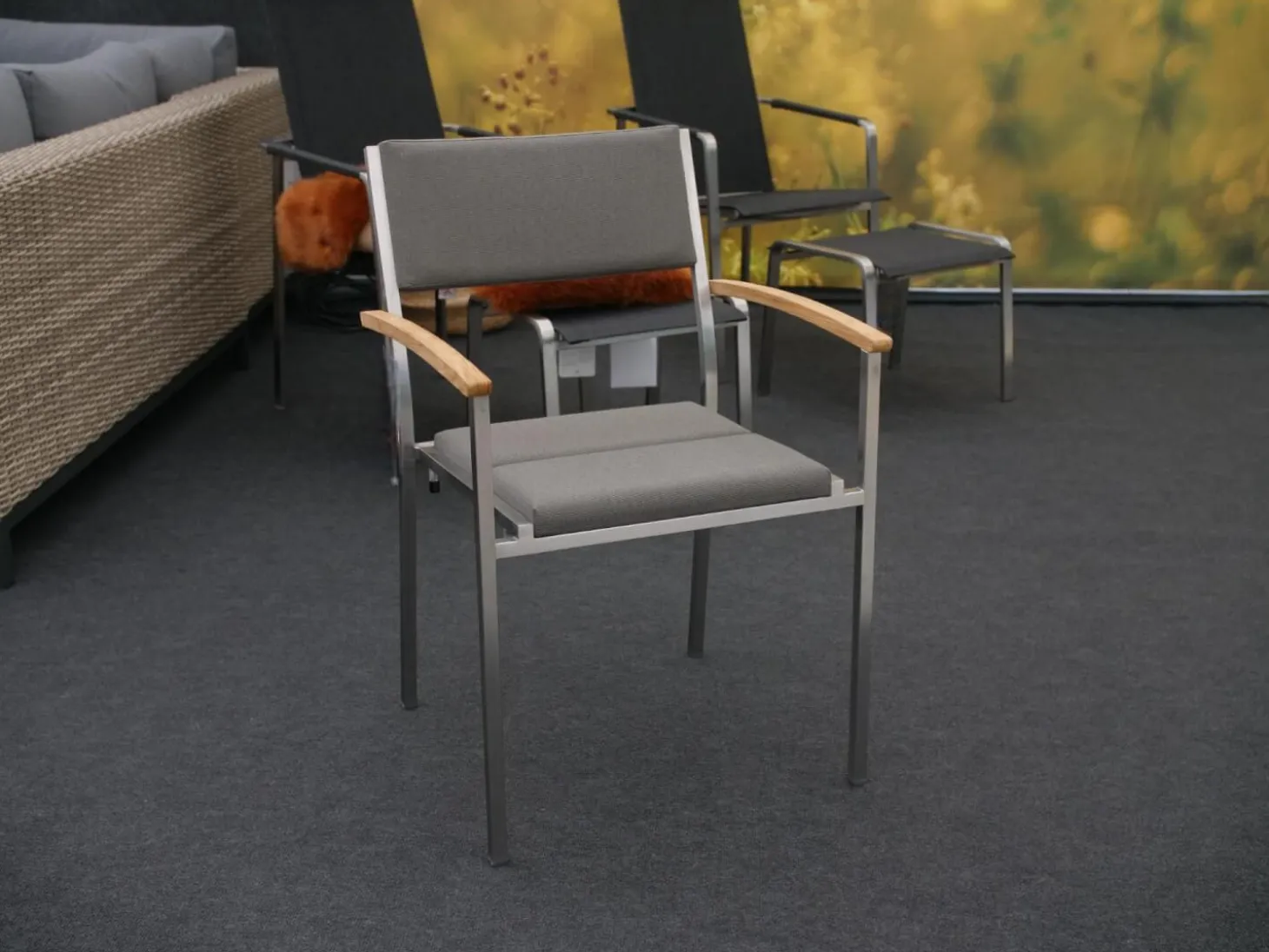 8er Set Stuhl Quadux Stoff Sunbrella Smoke 7001 Gestell Edelstahl