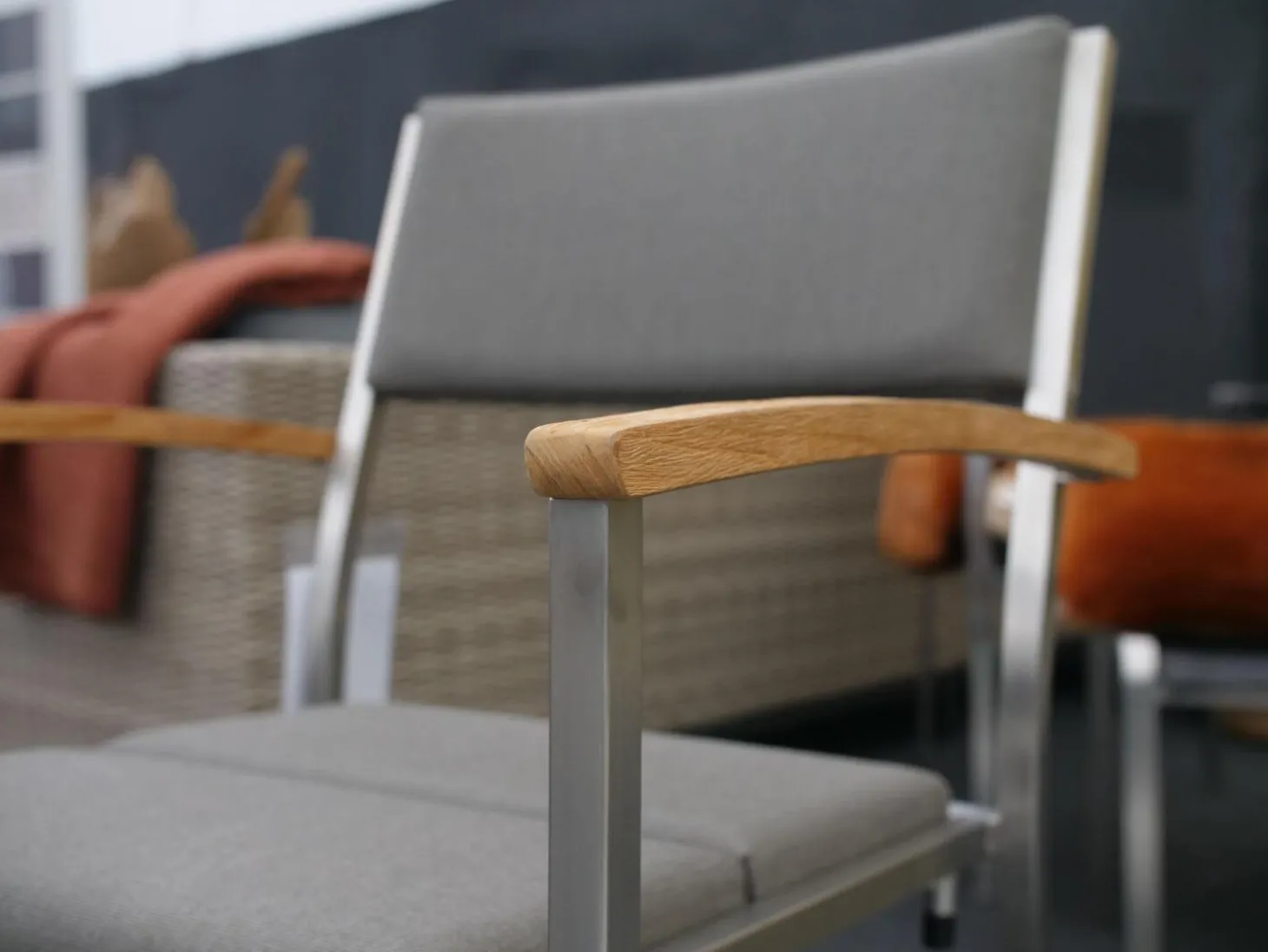 8er Set Stuhl Quadux Stoff Sunbrella Smoke 7001 Gestell Edelstahl