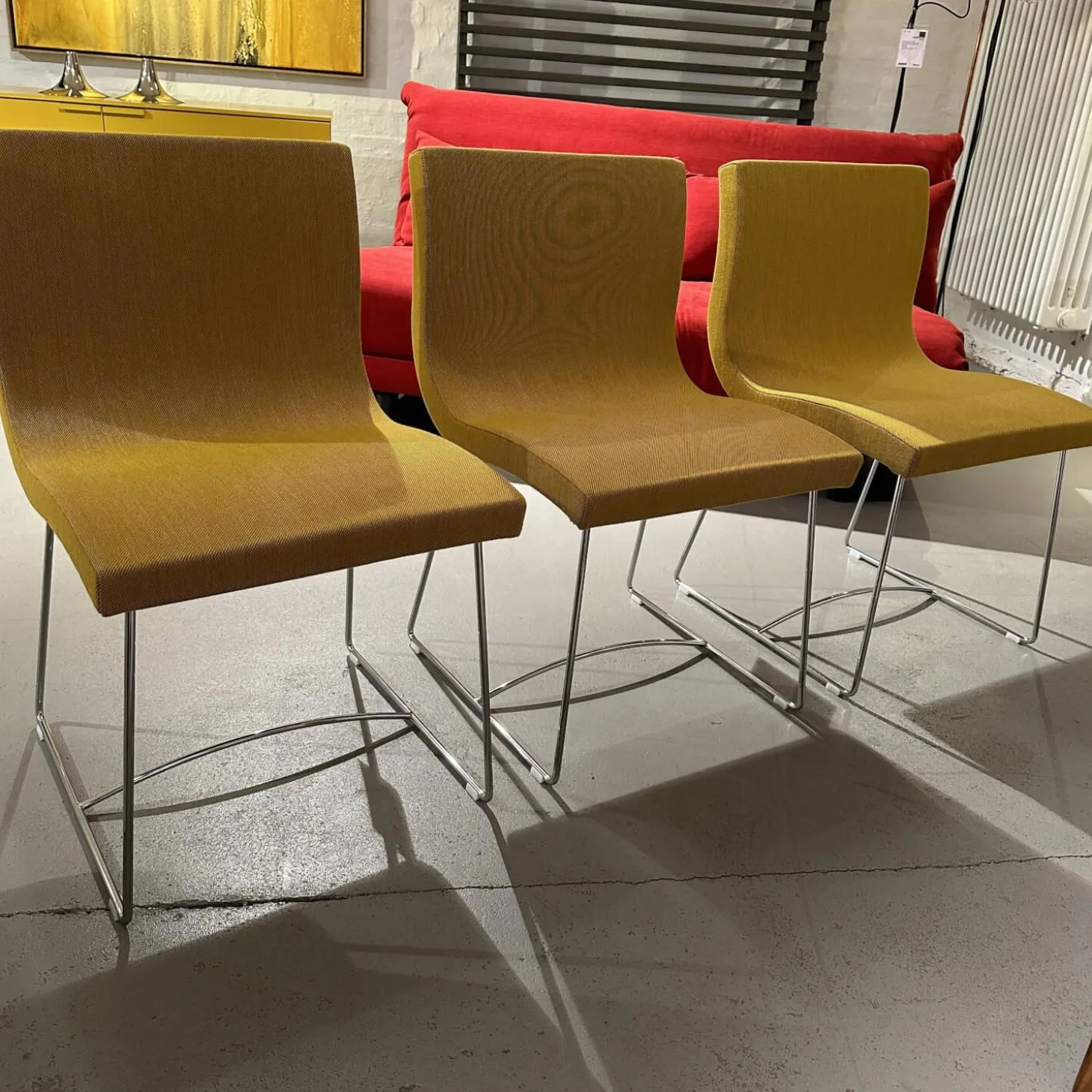 3er Set Stuhl Sala Stoff Steelcut Trio 453 Gelb Kufengestell Metall Verchromt
