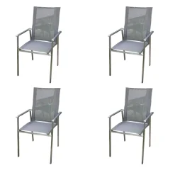 4er Set Stuhl Scalea Hochlehner Outdoor Textillene Silbergrau Armlehnen Aluminium Schwarz Gestell Edelstahl Gebürstet