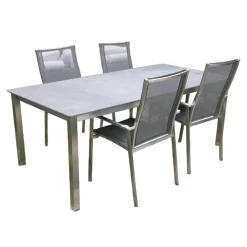 4er Set Stuhl Scalea Hochlehner Outdoor Textillene Silbergrau Armlehnen Aluminium Schwarz Gestell Edelstahl Gebürstet