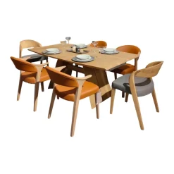 6er Set Stuhl V-Rock Stoff Curl Steel Grau Und Leder LV Cognac Orange Braun Gestell Alteiche Rustiko