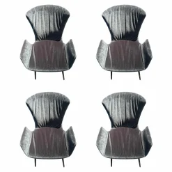 4er-Set Armlehnstuhl Dexter Vorne Stoff Charmelle Cloud Blau Rücken Leder I 89001 Schwarz Gestell Stahl Schwarz