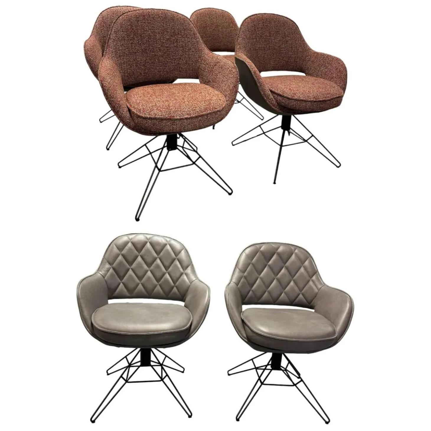 6er-Set Armlehnstuhl WK 708 Stoff JAB A91062 Rosa Und Leder Granada Steel Grau Drehgestell Schwarz
