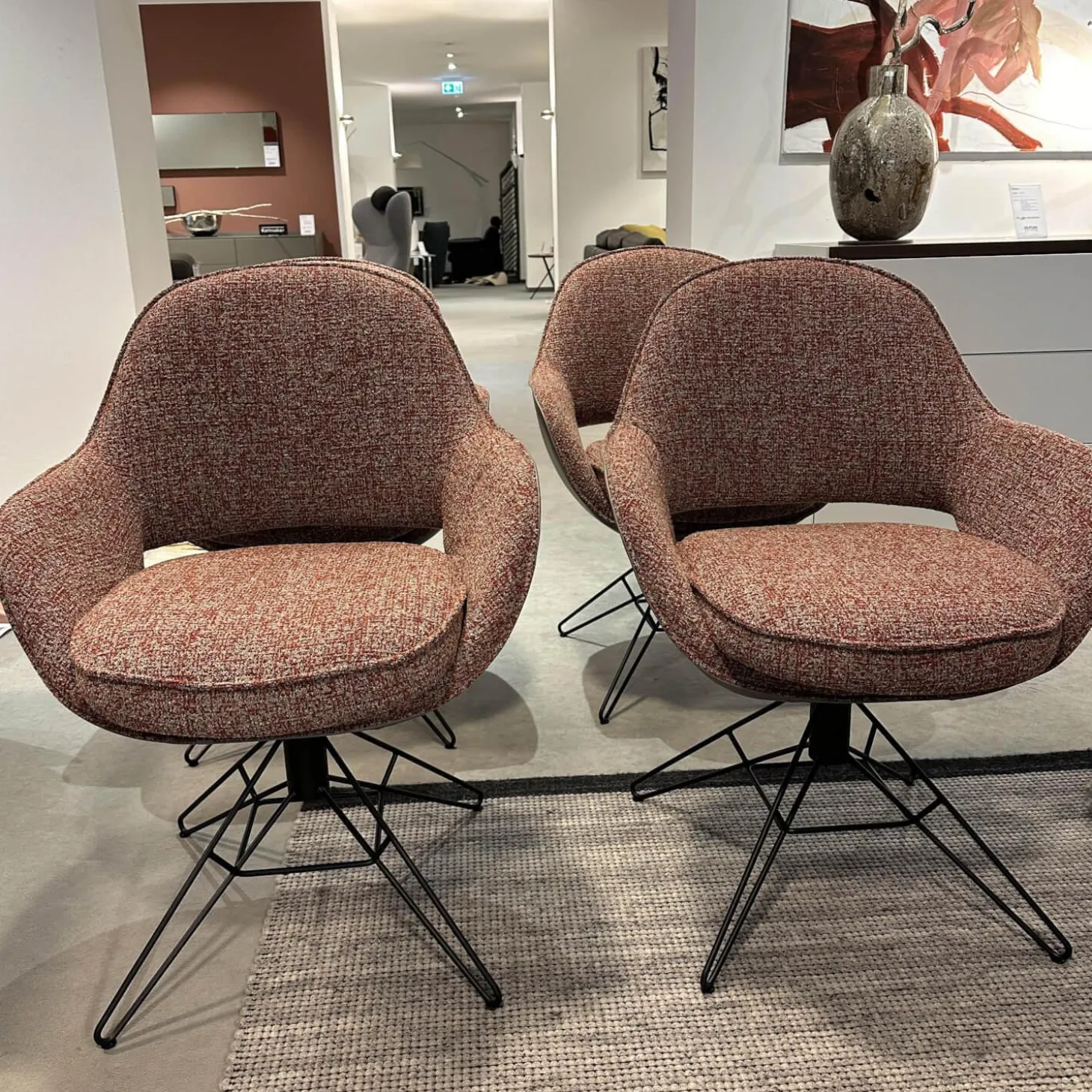 6er-Set Armlehnstuhl WK 708 Stoff JAB A91062 Rosa Und Leder Granada Steel Grau Drehgestell Schwarz