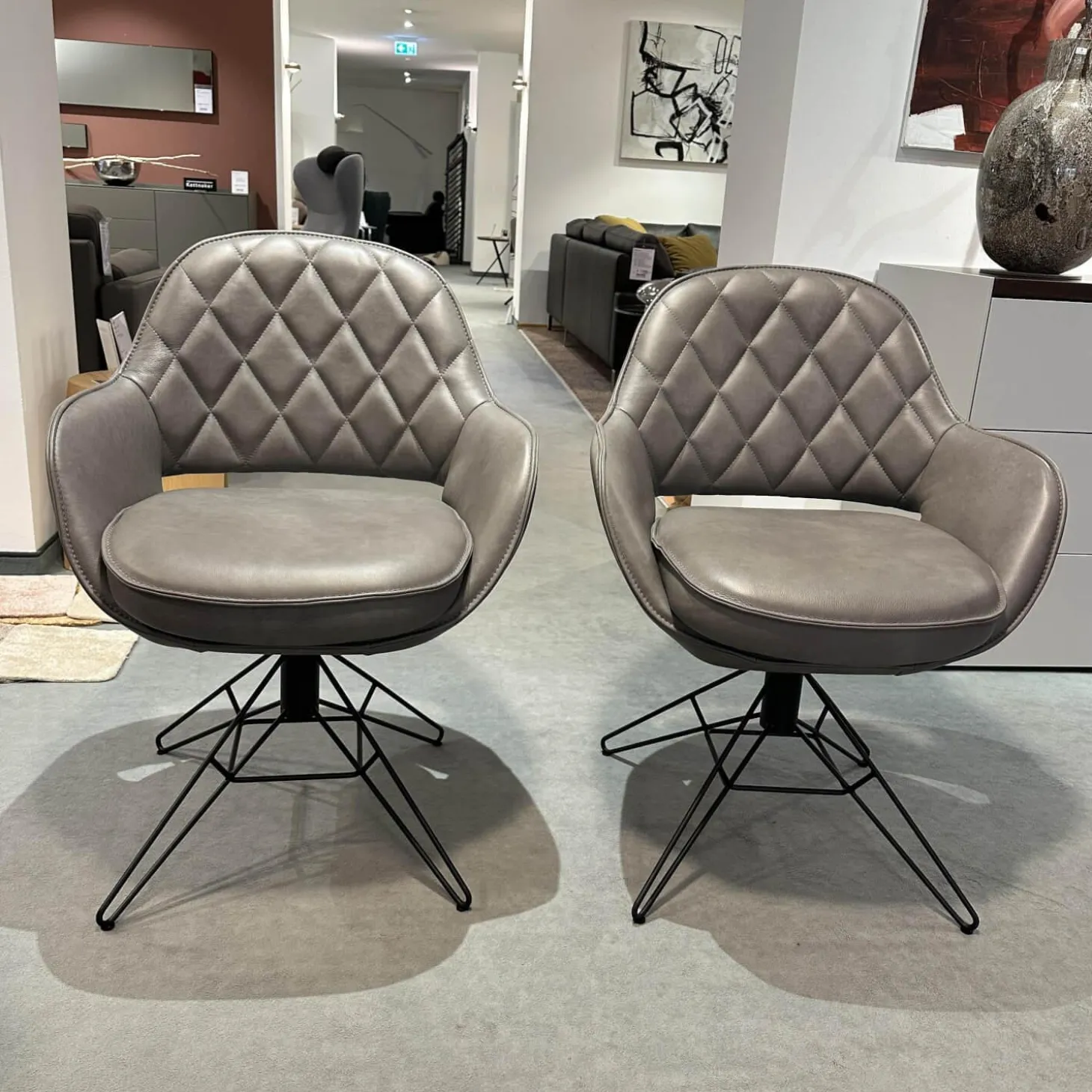 6er-Set Armlehnstuhl WK 708 Stoff JAB A91062 Rosa Und Leder Granada Steel Grau Drehgestell Schwarz