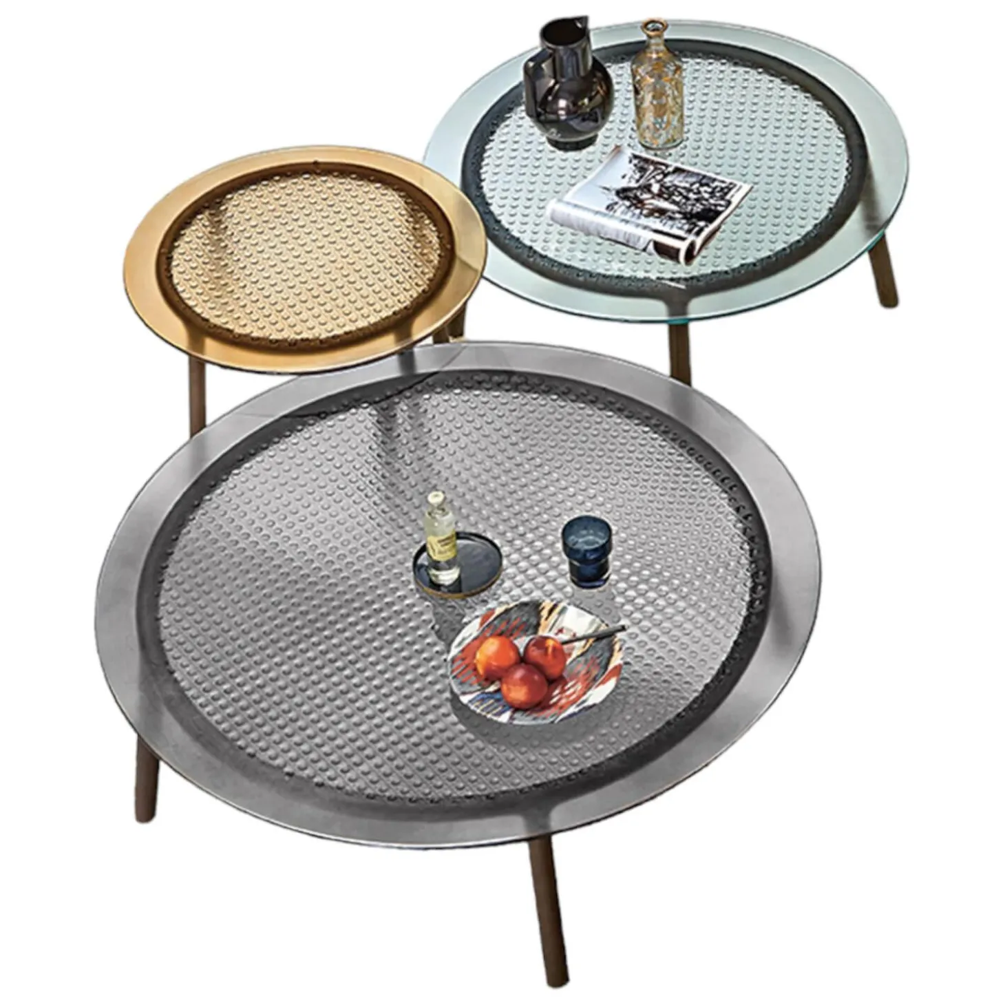 3er-Set Beistelltisch Cannage Gehärtetes Geschmolzenes Glas Transparent Fume Bergstein