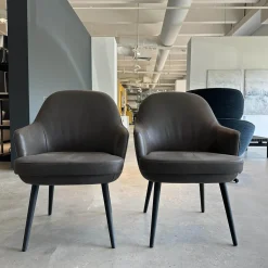 2er-Set Sessel 1376 10 Leder Vintage 1410 Cigar Braun Grau Füße Eiche Geflammt Geölt Mit Kunststoffgleitern